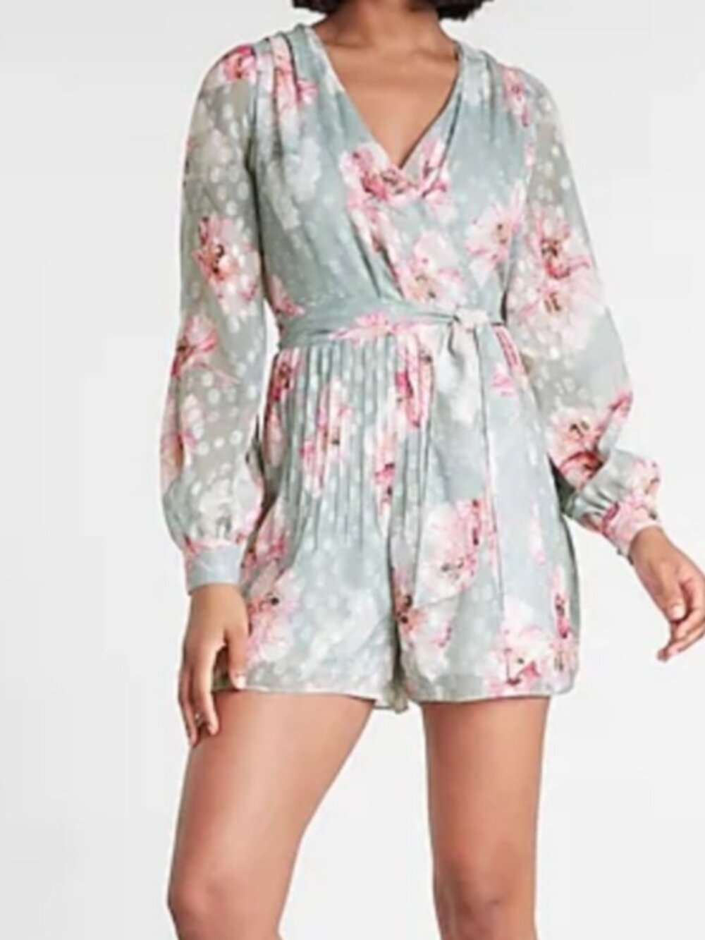 Express Gray and Pink Floral Long-Sleeve Romper